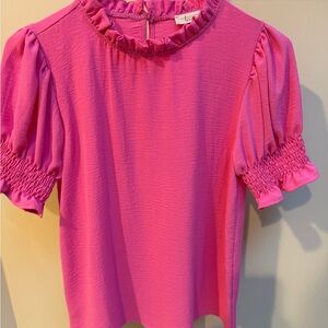 Pink Ruffle-Neck Puff Sleeve Blouse